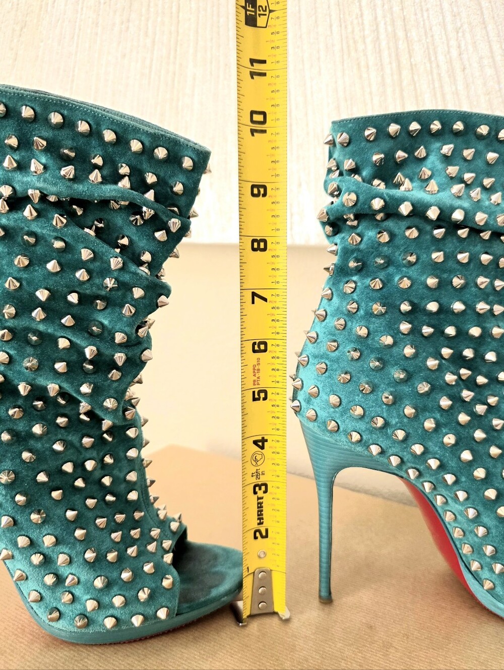 Christian Louboutin Aqua Suede Silver Spiked Open Toe Ankle Boots Size 38 US 7-9 - Picture 14 of 14